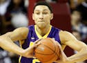 FILE - In this Nov. 30, 2015, file photo, LSU's Ben Simmons looks to pass in the first half against the College of Charleston during an NCAA college b