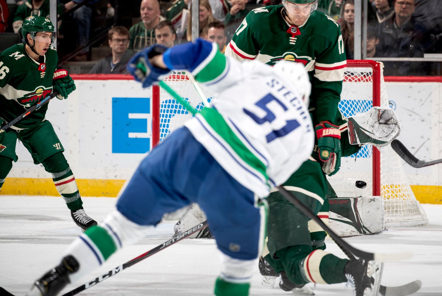 Vancouver's Troy Stecher (51) blasted the puck past Wild goalie Devan Dubnyk for a second-period goal in Minnesota's 4-1 loss at Xcel Energy Center on Sunday.