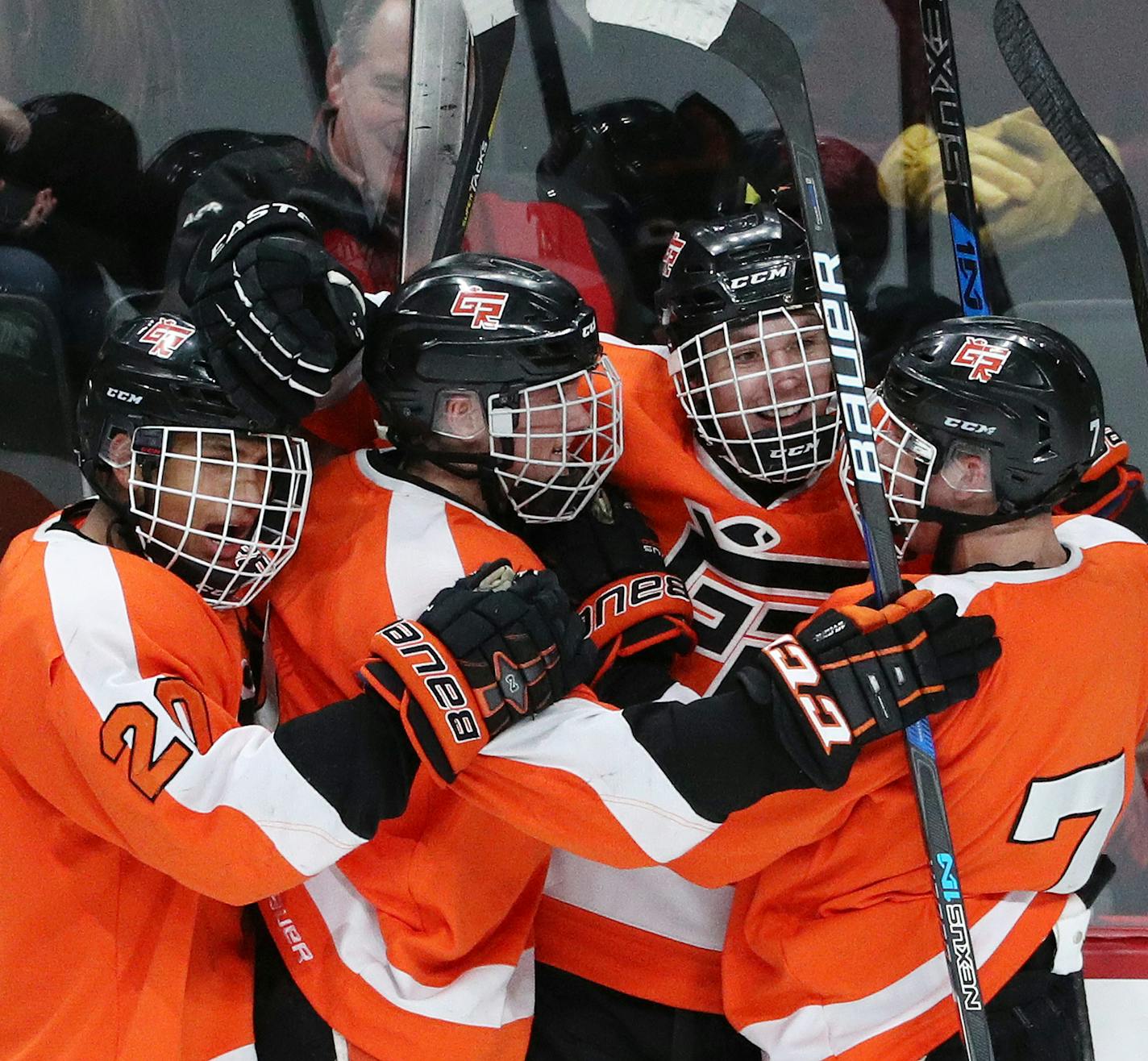 Grand Rapids' John Stampohar (24) celebrates with his teammates after he scored on Eden Prairie goaltender Nick Wiencek (30) off a deflection from Eden Prairie's Casey Mittelstadt (11) in the first period. ] ANTHONY SOUFFLE &#xef; anthony.souffle@startribune.com Players competed during the boys' hockey state tournament Class 2A semifinals Friday, March 10, 2017 at the Xcel Energy Center in St. Paul, Minn.