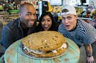 Local Instagram foodies (left to right) Lamar Roberts, Nikki Miraflor and Zach Vraa dig into the 15-pound ice cream sandwich. ] MARK VANCLEAVE &#xef; 