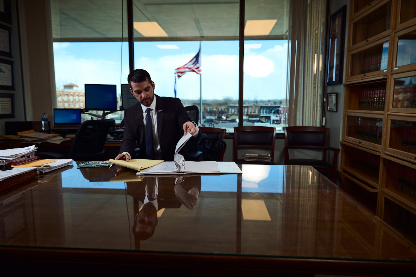 District Attorney Eric Toney at the Fond du Lac County Couthouse in Fond du Lac, Wisc., on March 11, 2022. Toney is prosecuting five voters whose registration listed their home addresses at a UPS Store, a violation of state law that requires voters to register where they live. (Darren Hauck/The New York Times)