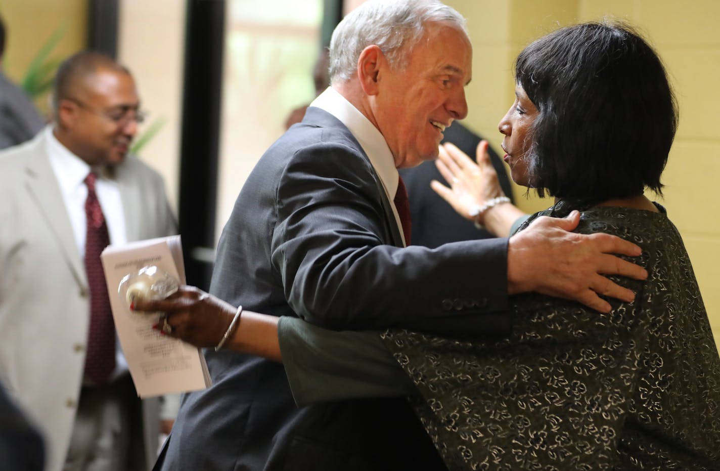 Governor Mark Dayton arrived and greeted parishioners including Deborah Watts.]At the Progressive Baptist Church in St. Paul, Governor Mark Dayton and NAACP President Cornell Brooks met in a closed door meeting. Brooks also addressed the congregation regarding the Philando Castile shooting.Richard Tsong-taatarii@startribune.com