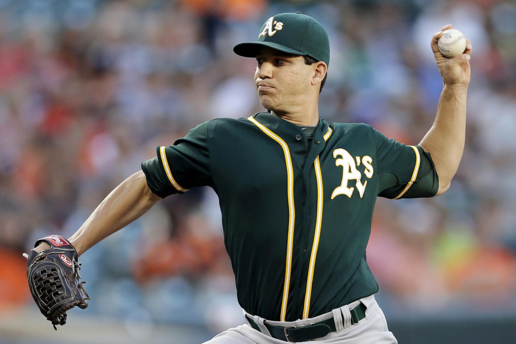 FILE - In this June 6, 2014 file photo, Oakland Athletics starting pitcher Tommy Milone throws against the Baltimore Orioles in the first inning of a baseball game in Baltimore. The Athletics have traded Milone to the Twins for outfielder Sam Fuld. The A's announced the deal Thursday morning, July 31, 2014, before the trade deadline. (AP Photo/Patrick Semansky, File) ORG XMIT: NY161
