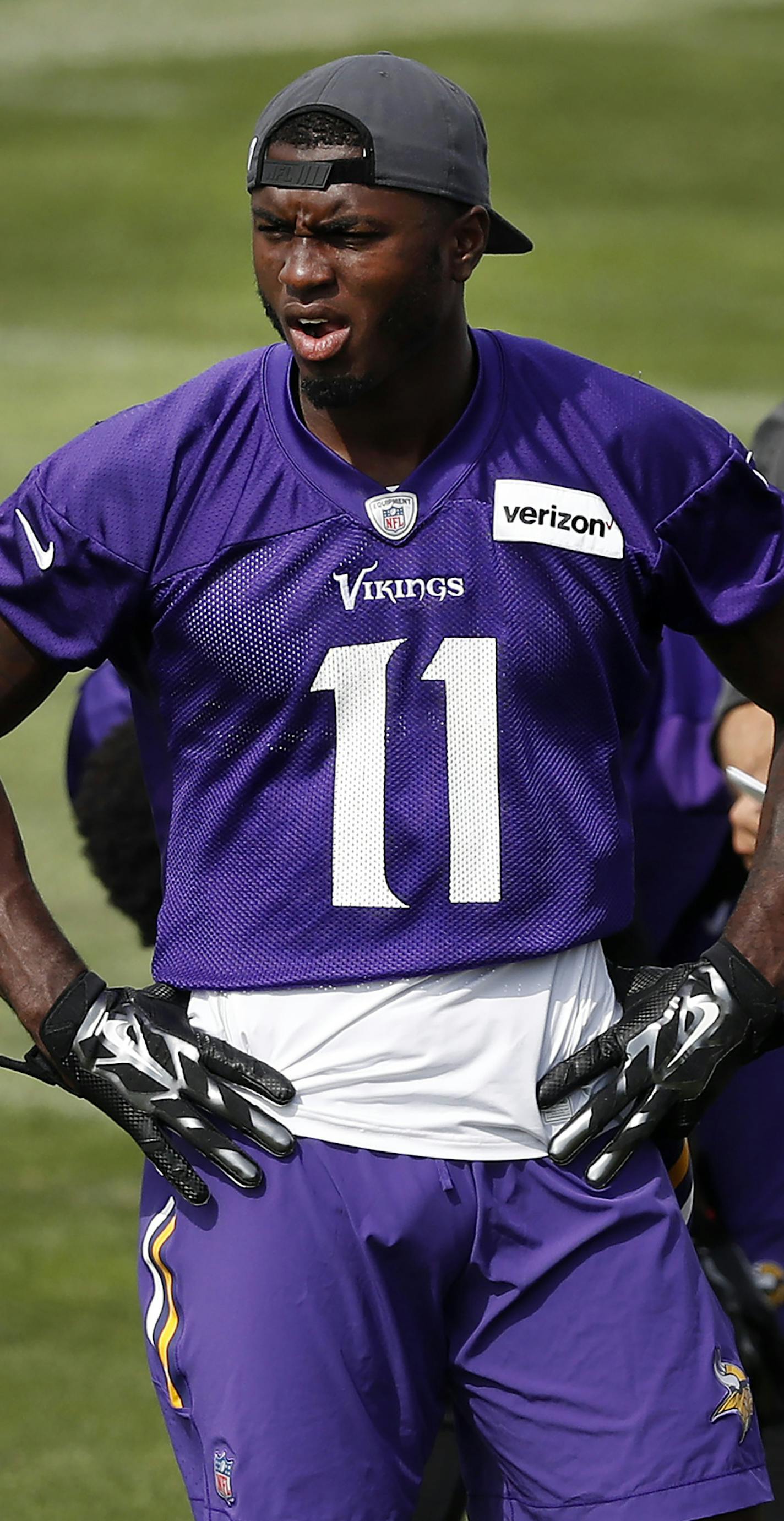 Minnesota Vikings first round draft pick Laquon Treadwell and receivers coach George Stewart during the morning practice. ] CARLOS GONZALEZ cgonzalez@startribune.com - August 1, 2016, Mankato, MN, Minnesota State University, Mankato, Minnesota Vikings Training Camp