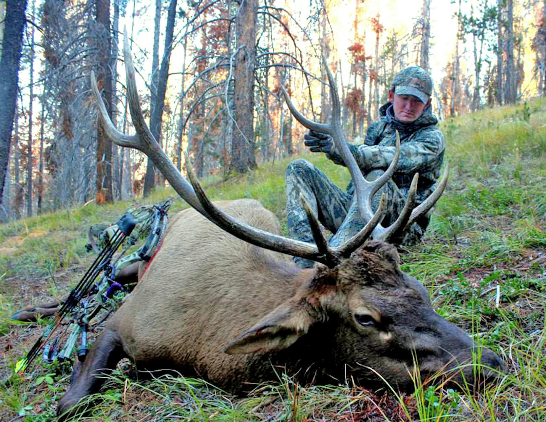 Trevor Anderson with a bull elk taken with his bow in the mountains of western Montana. He and a friend, Alec Underwood, backpack into the mountains to hunt on days they don't have class at the University of Montana. ORG XMIT: JgJCMIueqLBuz9dKg1fL