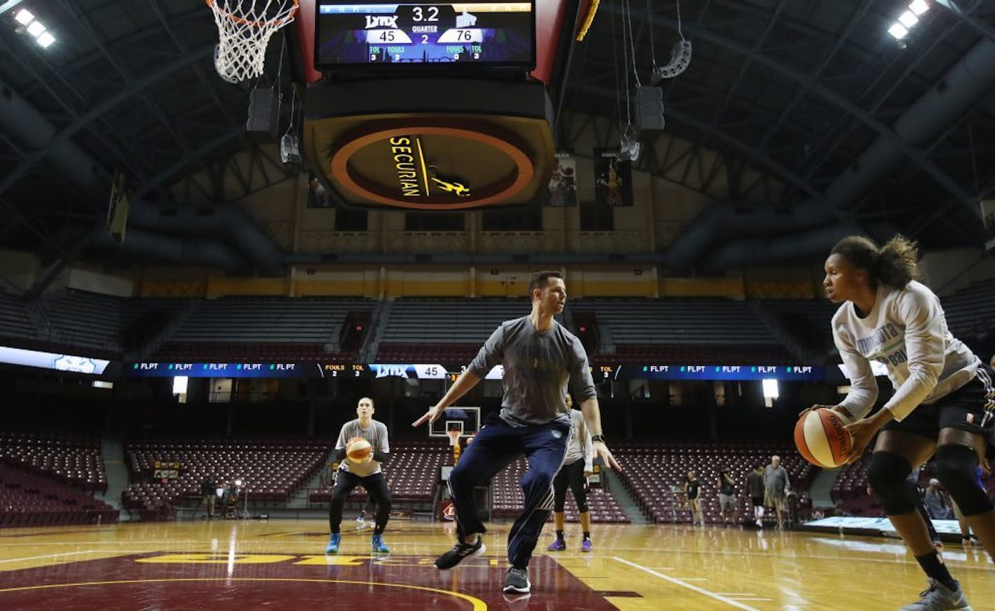 Minnesota Lynx guard Lindsay Whalen (13) left shot free throws as forward Rebekkah Brunson (32), drove to the basket as they prepare for the first round of the WNBA playoffs at Williams Arena Sunday September 10,2017 in Minneapolis, MN.