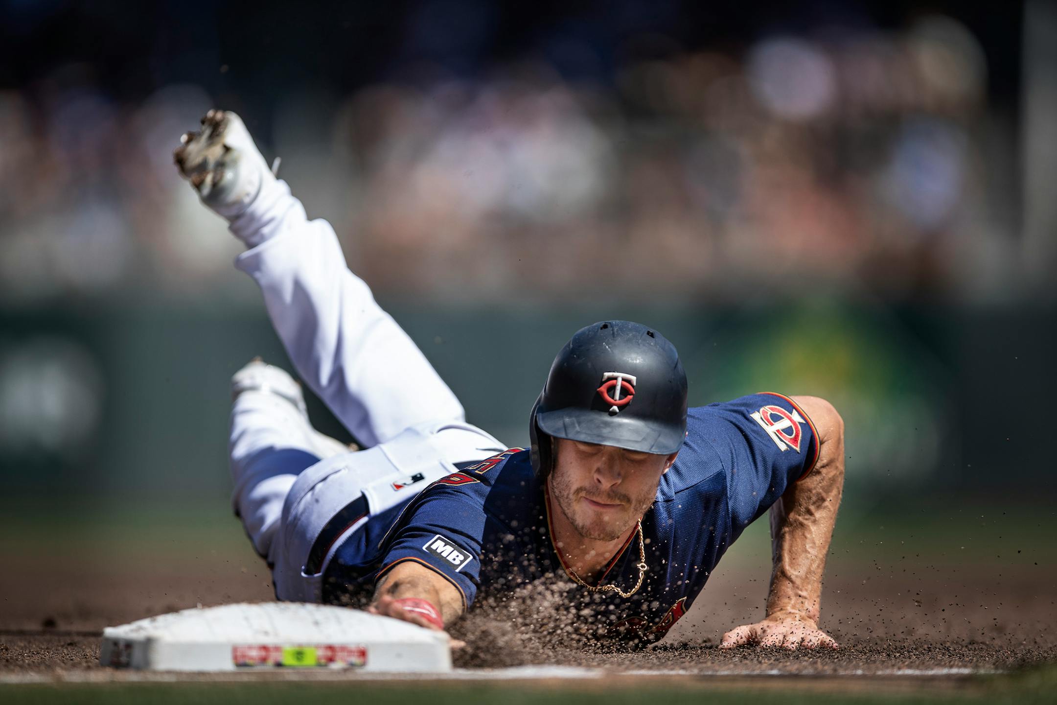 Minnesota Twins right fielder Max Kepler (26) is safe at first base in the first inning against the Tampa Bay Rays at Target Field on Sunday August 15, 2021 in Minneapolis, Minnesota. (Jerry Holt/Minneapolis Star Tribune/TNS) ORG XMIT: 24390392W