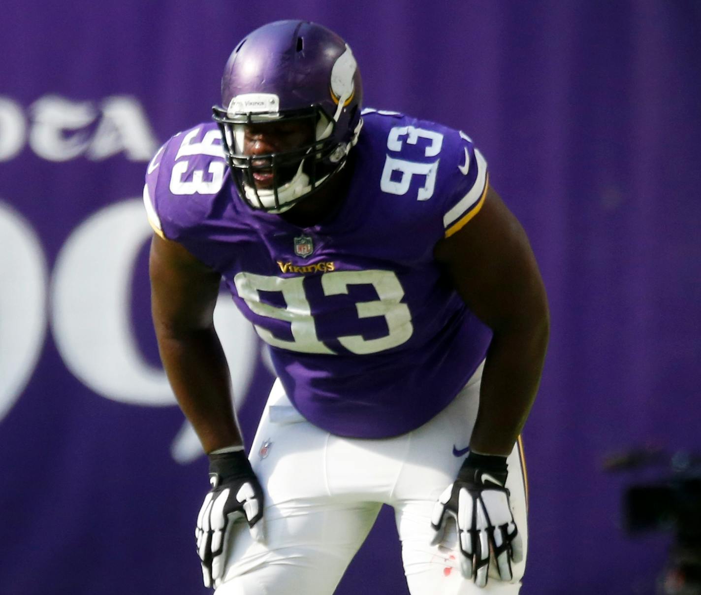 Minnesota Vikings defensive tackle Shamar Stephen gets set for a play during the second half of an NFL football game against the Baltimore Ravens, Sunday, Oct. 22, 2017, in Minneapolis. (AP Photo/Jim Mone)