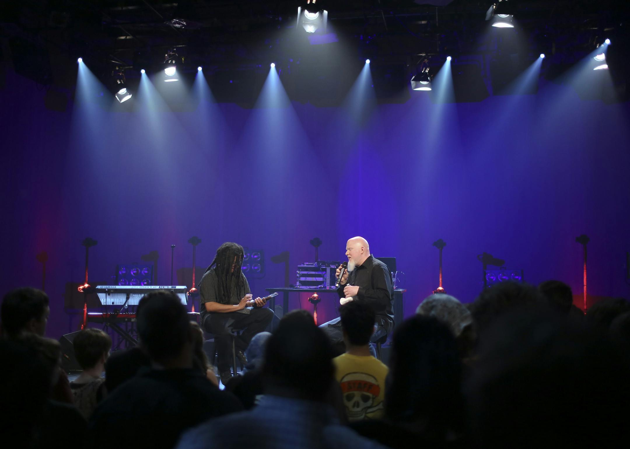 Brother Ali, left, did a question-and-answer session with MPR host Kevin Beacham after a taping of “The Lower­town Line” in May.