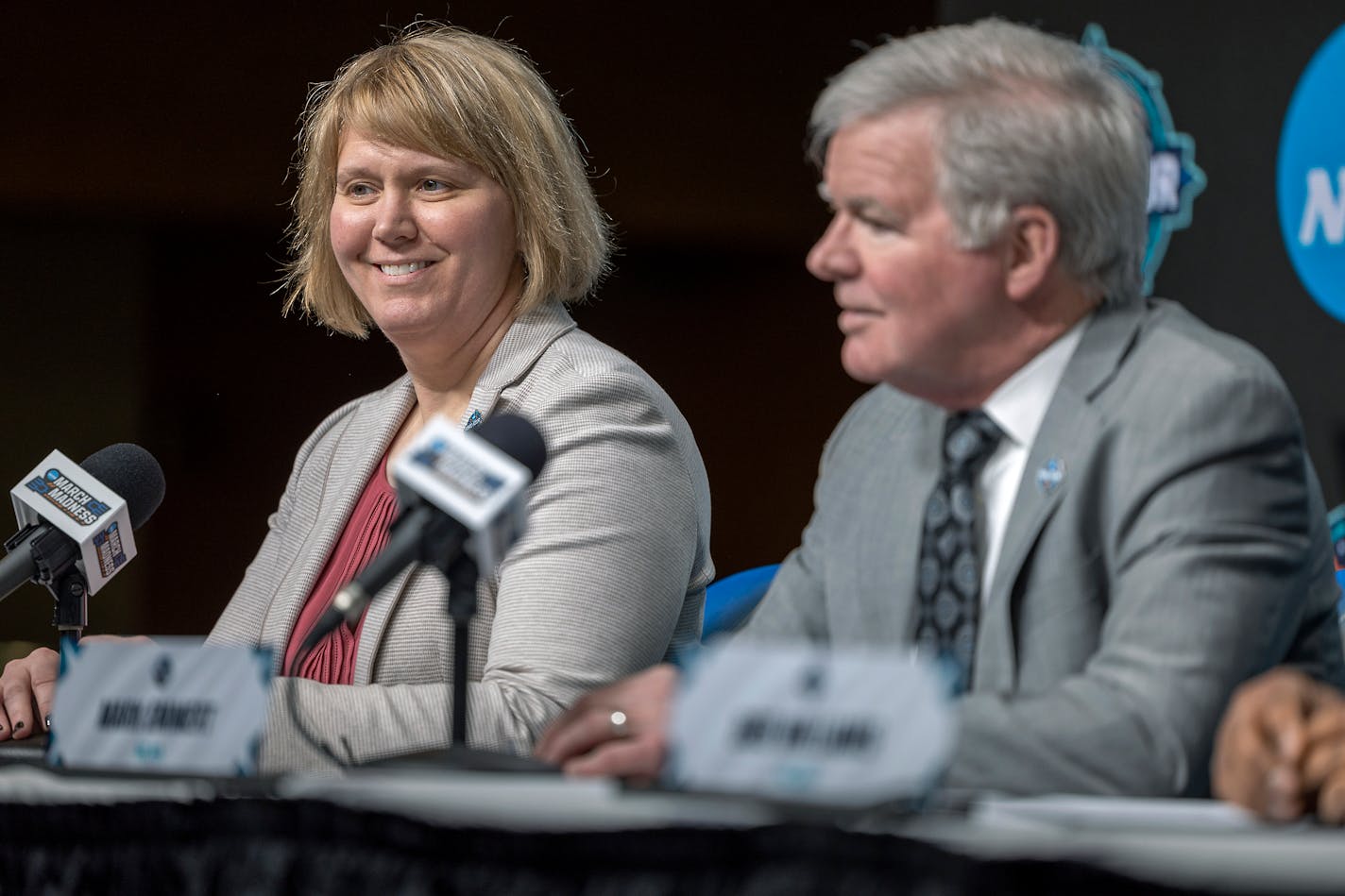 Lynn Holzman, left, NCAA vice president for women's basketball, and Mark Emmert, NCAA president, attend a a news conference Wednesday, March 30, 2022, in Minneapolis. (Elizabeth Flores/Star Tribune via AP)