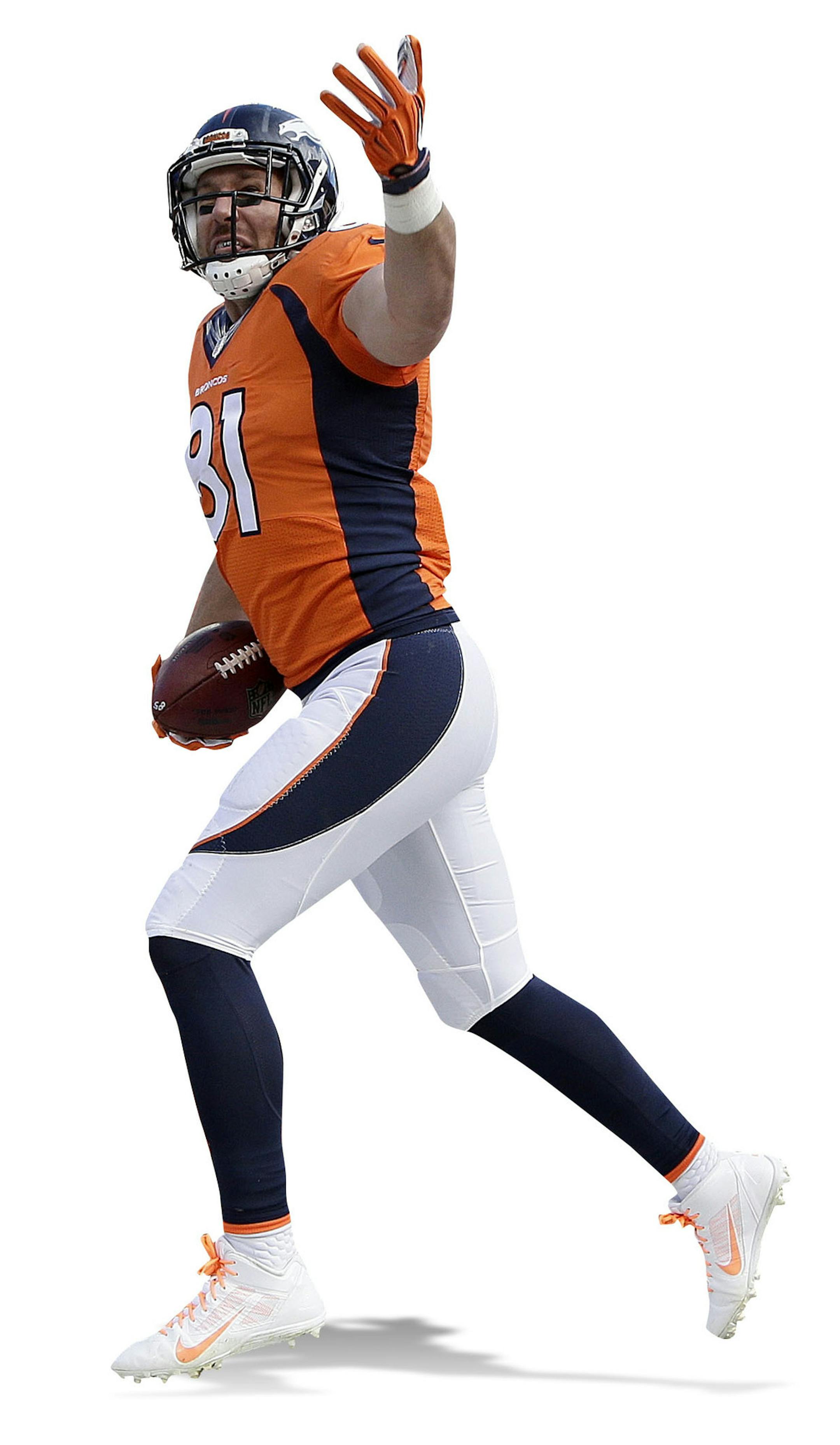 Denver Broncos tight end Owen Daniels (81) celebrates after scoring on a 12-yard touchdown pass during the first half the NFL football AFC Championship game between the Denver Broncos and the New England Patriots, Sunday, Jan. 24, 2016, in Denver. (AP Photo/Charlie Riedel) ORG XMIT: AFC140