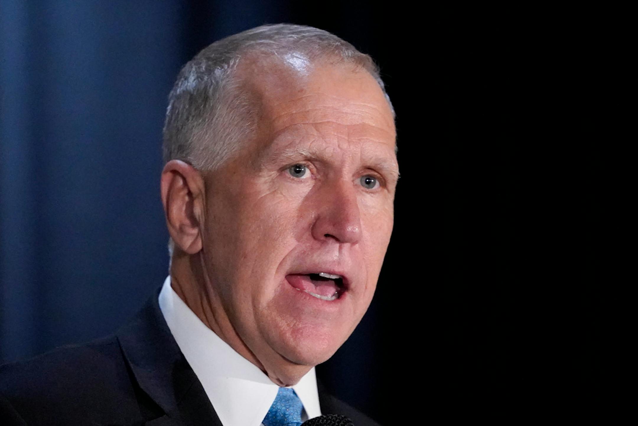 Sen. Thom Tillis, R-N.C., speaks to supporters at a election night rally Tuesday, Nov. 3, 2020, in Mooresville, N.C. (AP Photo/Chris Carlson)