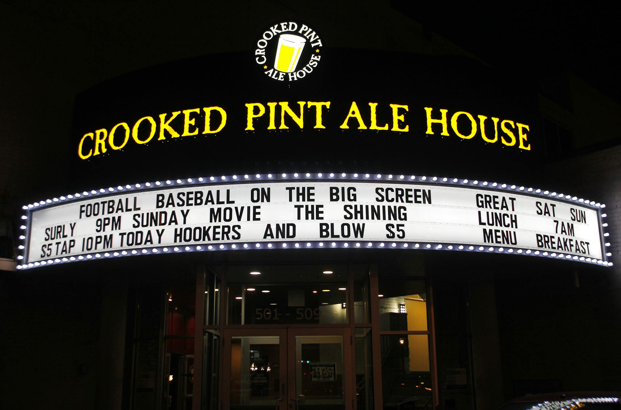 The Crooked Pint Ale House in Minneapolis recently completed a remodeling resulting in a two tier customer space and a central bar. The band, Hookers and Blow played to a crowd on a recent night. The exterior features a LED-lit marquee. ](MARLIN LEVISON/STARTRIBUNE(mlevison@startribune.com (cq)bestmn2012 bestmn2012 ORG XMIT: MIN2013040213011347