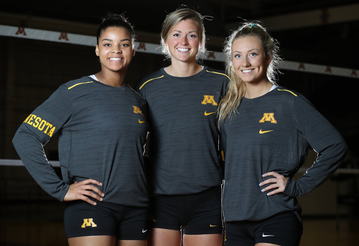 U of M volleyball team leaders (L to R) Alexis Hart , Molly Lohman, and Samantha Seliger-Swenson pose for portraits before practice as the team heads off for a big road trip in Madison on 9/1/2017. ] Richard Tsong-Taatarii &#xef; richard.tsong-taatarii@startribune.com