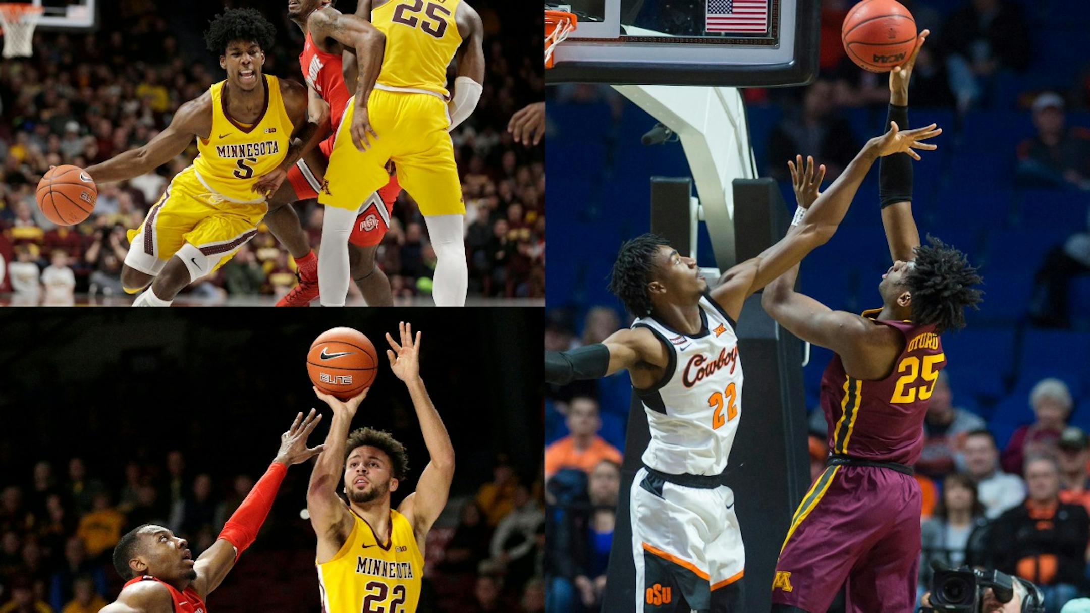 (Clockwise from right) Gophers sophomores Daniel Oturu, Gabe Kalscheur and Marcus Carr are the highest-scoring group of three players on one Big Ten team.
