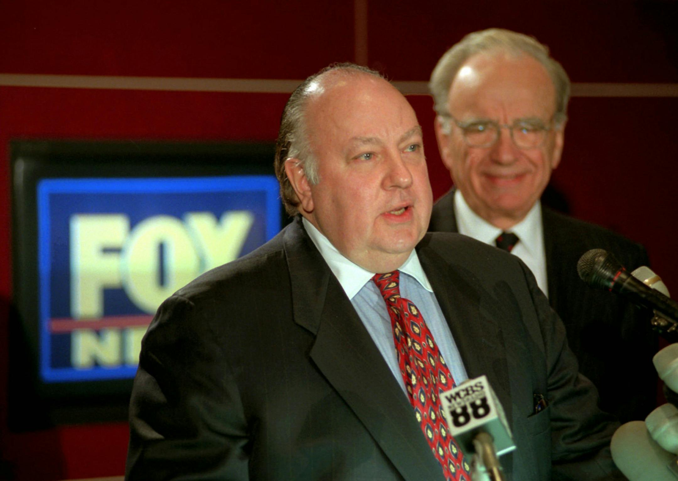 FILE - In this Jan. 30, 1996 file photo, Roger Ailes, left, speaks at a news conference as Rupert Murdoch looks on after it was announced that Ailes will be chairman and CEO of Fox News. Fox News said on Thursday, May 18, 2017, that Ailes has died. He was 77. (AP Photo/Richard Drew, File)
