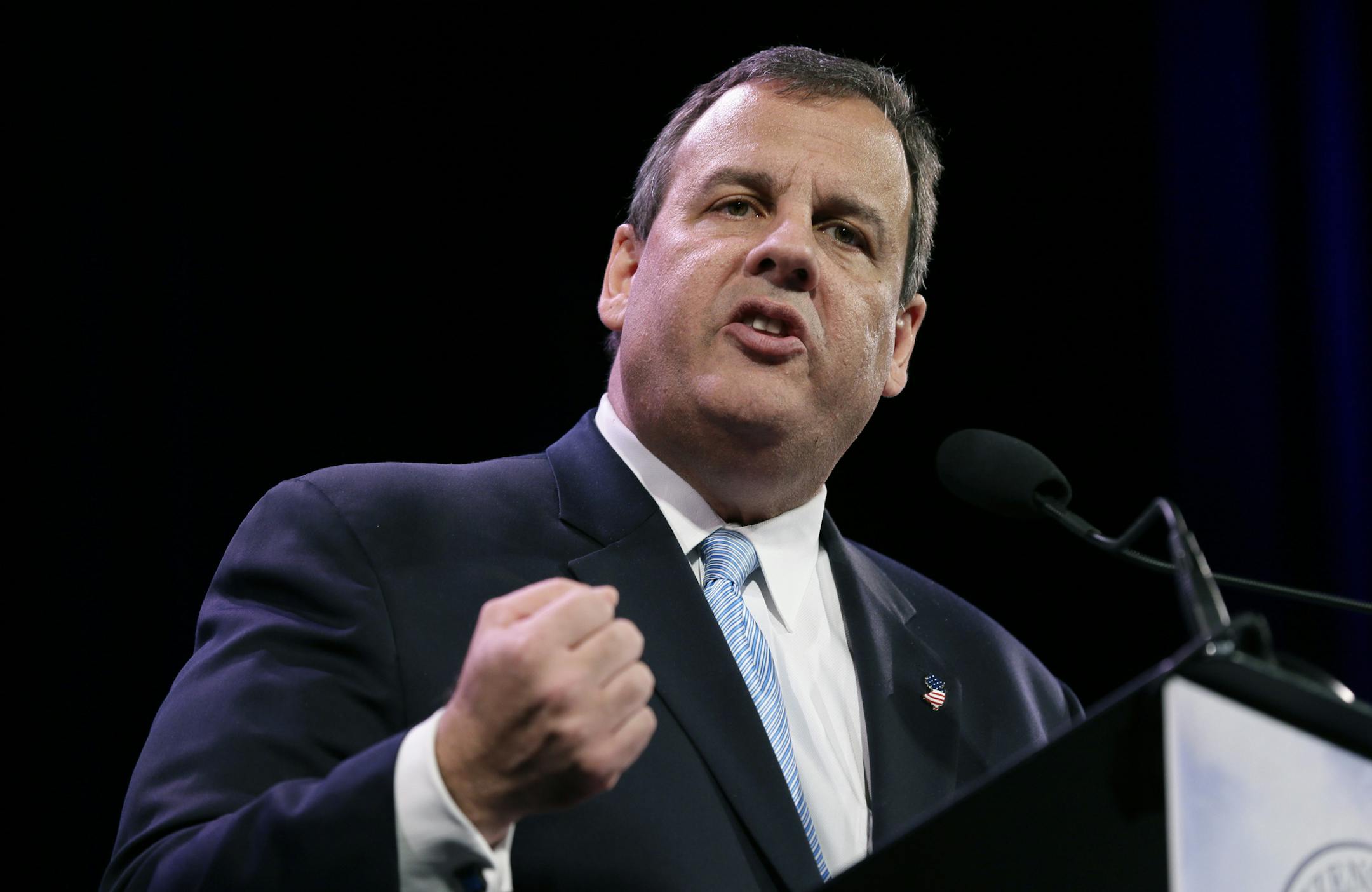 New Jersey Gov. Chris Christie speaks during the Freedom Summit, Saturday, Jan. 24, 2015, in Des Moines, Iowa. (AP Photo/Charlie Neibergall)