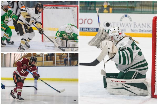 Clockwise from top left: Ella Boerger of Andover, Sedona Blair of Holy Family and Stella Retrum of Maple Grove are among award contenders in girls hoc