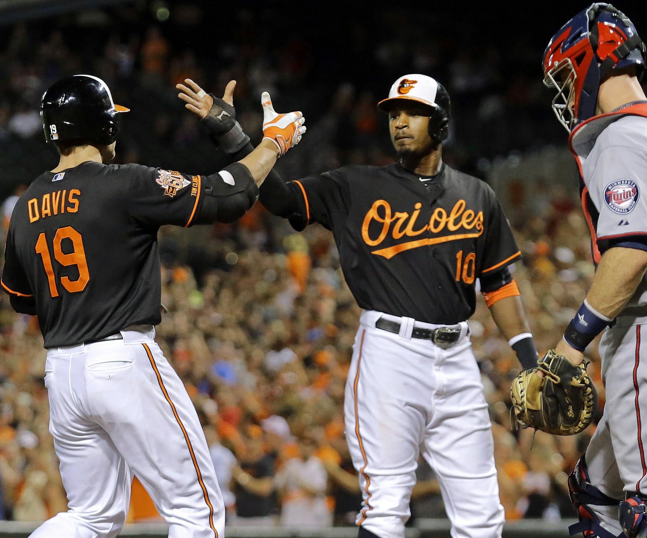 Baltimore Orioles' Chris Davis (19) high-fives teammates Adam Jones, center, and Nelson Cruz after hitting a grand slam in front of Minnesota Twins catcher Eric Fryer in the fourth inning of a baseball game, Friday, Aug. 29, 2014, in Baltimore. (AP Photo/Patrick Semansky)