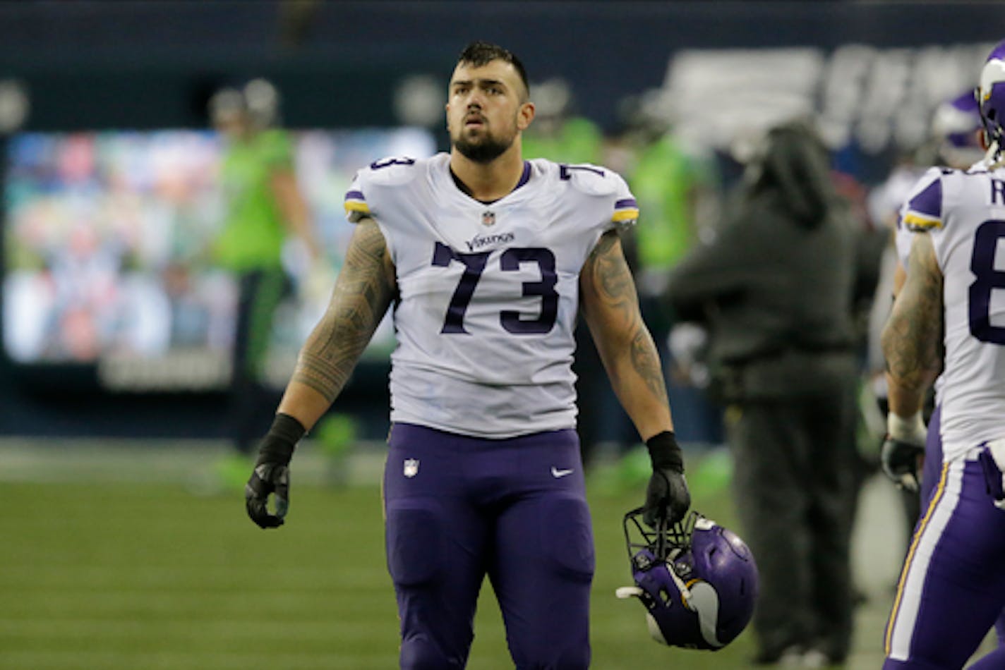 Minnesota Vikings' Dru Samia walks on the field Seattle Seahawks during the second half of an NFL football game, Sunday, Oct. 11, 2020, in Seattle. (AP Photo/John Froschauer) ORG XMIT: OTK