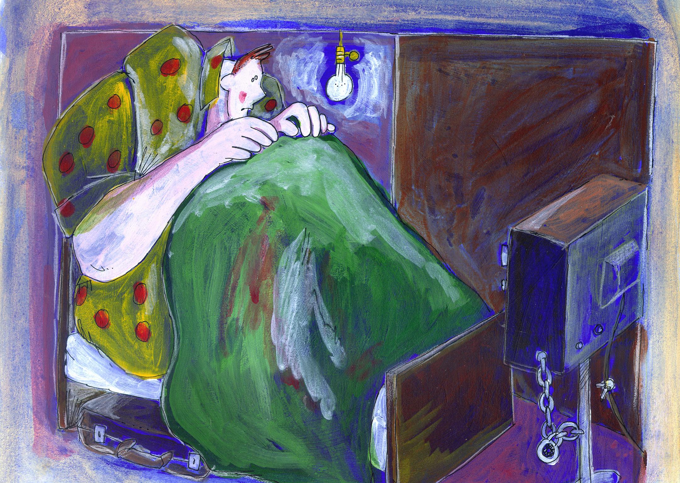 300 dpi 6 col x 7.5 in / 295x191 mm / 1004x648 pixels Tim Goheen color illustration of giant man in a cramped hotel room. KRT 2004 <p> KEYWORDS: krtfeatures features krtnational national krtworld world krttravel travel krt illustration goheen bad bed cramped hotel insomnia insomniac motel sleep small 2004 krt2004