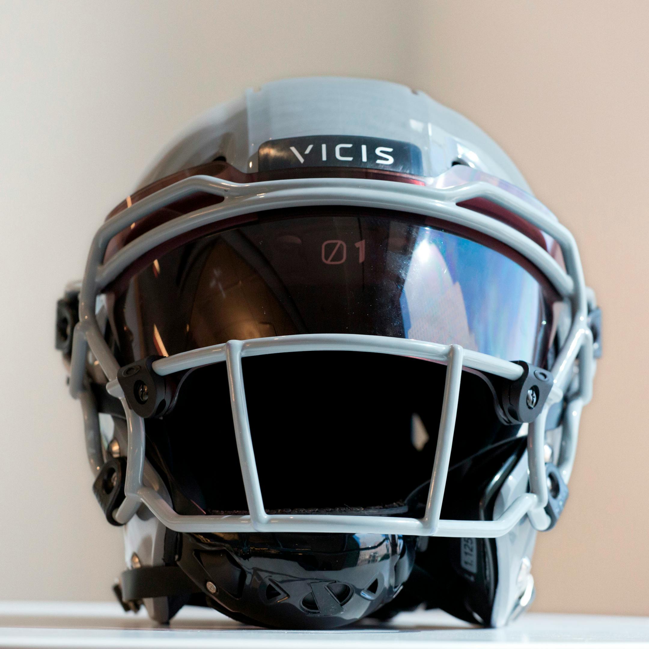 FILE - In this Sept. 11, 2017, file photo, a VICIS Zero1 helmet is displayed in New York. The NFL for the first time is prohibiting certain helmets from being worn by players.
In notifying the 32 teams Monday, April 16, 2018, the league has sought to have players stop using 10 helmet varieties. Laboratory testing showed that the VICIS Zero 1 models of 2017 and 2018 rate best for player safety. (AP Photo/Mark Lennihan, File)