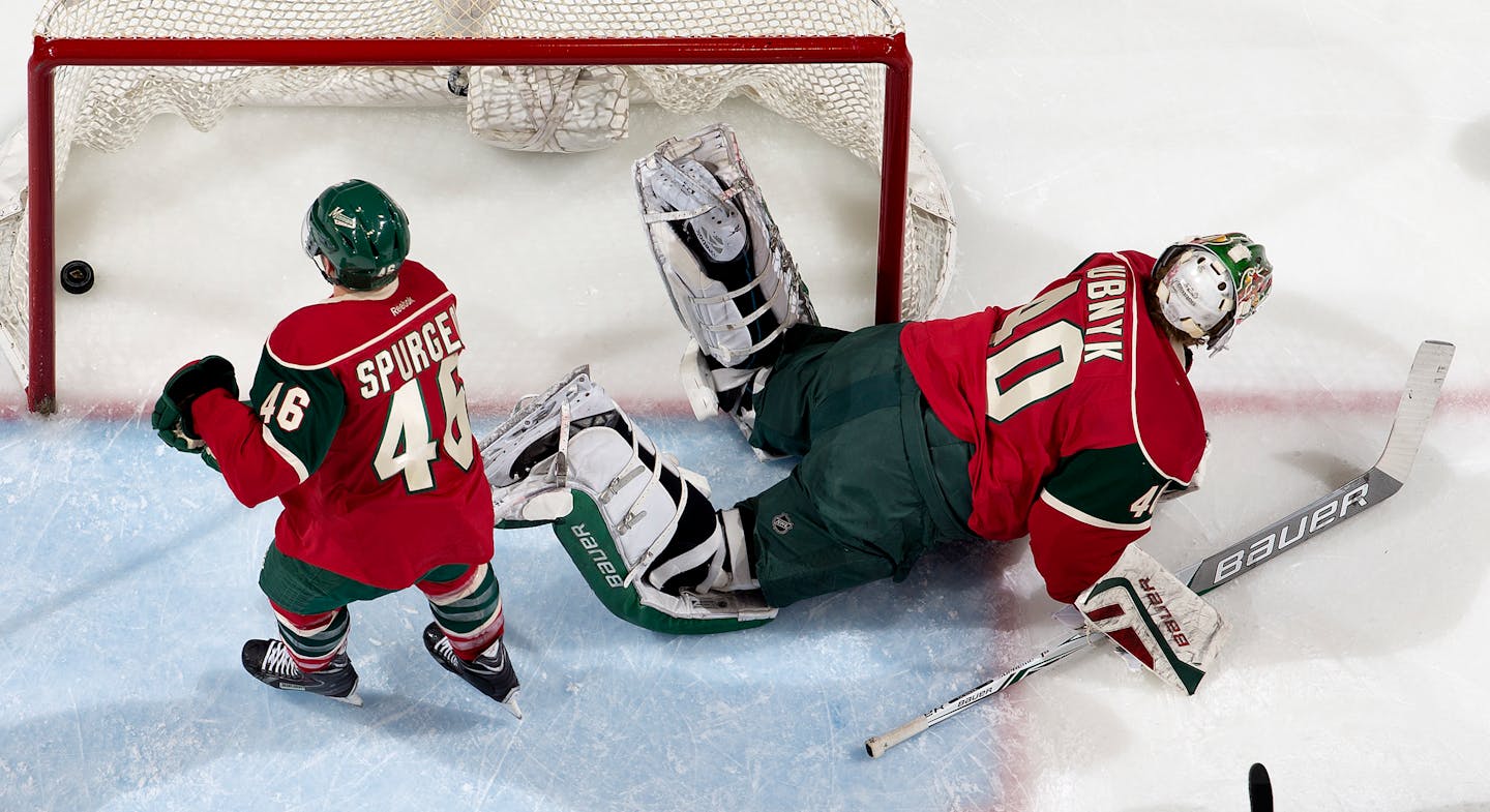 Minnesota Wild goalie Devan Dubnyk (40) and defenseman Jared Spurgeon (46) could not stop a shot by Patrick Marleau for a goal in the second period Tuesday night.