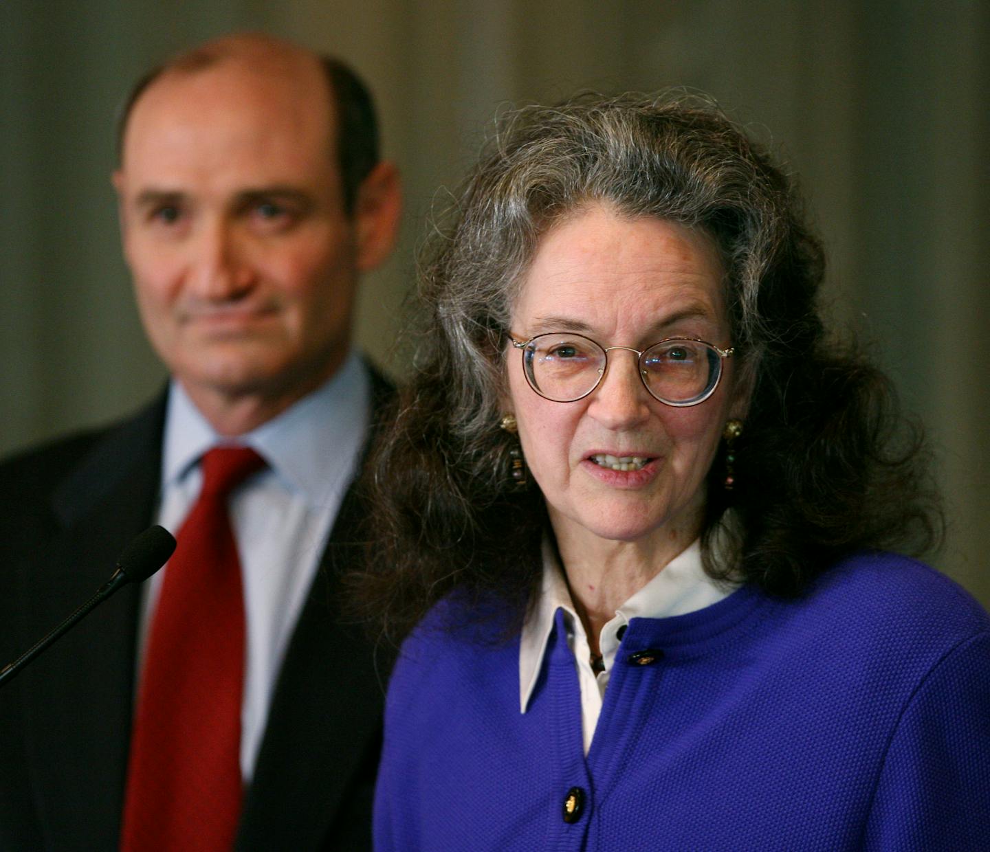 Neva Rockefeller Goodwin, right, and Peter O'Neill, descendants of John D. Rockefeller, are challenging Exxon Mobil Corp.