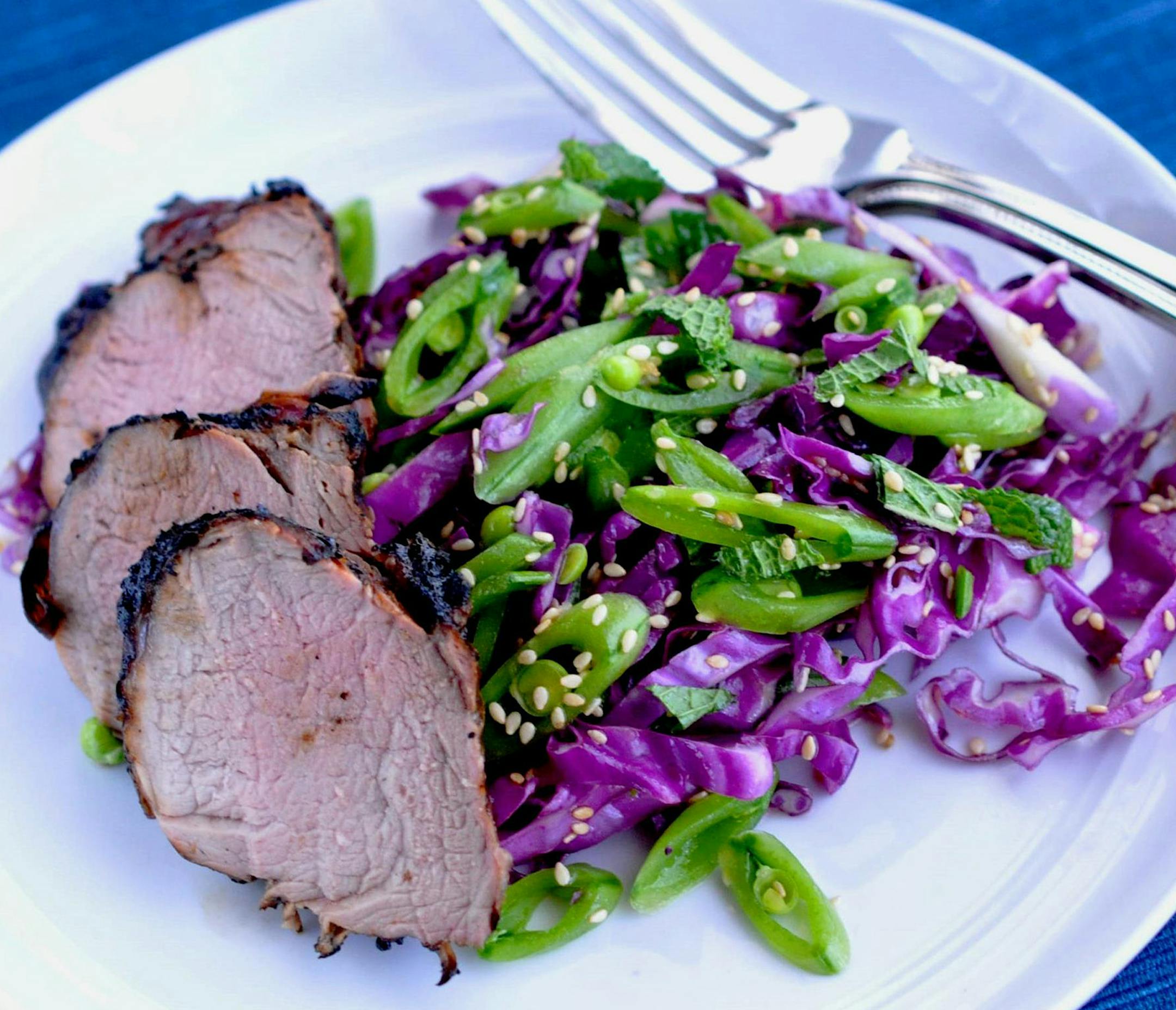 Grilled Pork Tenderloin With Snap Pea Slaw.