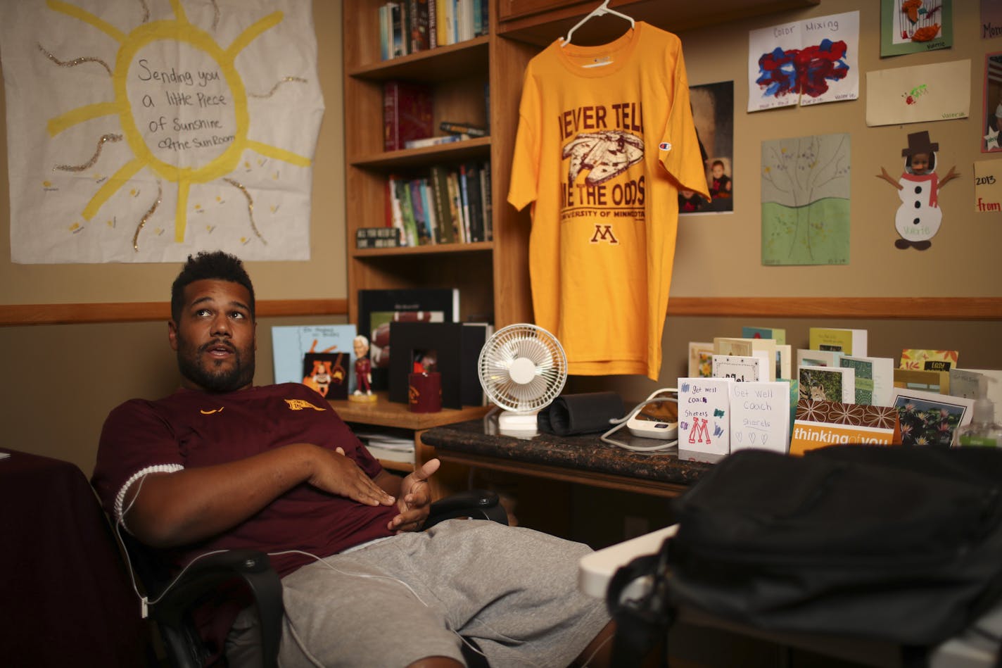 Mike Sherels in his former office, now his nutrition administration room, after his wife, Emily, hooked him up to the nutrition solution pumped through the tube into a port in his arm Monday night at their home in Lakeville. ] JEFF WHEELER &#xef; jeff.wheeler@startribune.com Gopher linebackers coach Mike Sherels and his wife, Emily, shared their harrowing experience when Mike nearly died after having to have all of his small intestine and half his large intestine removed during multiple surgerie