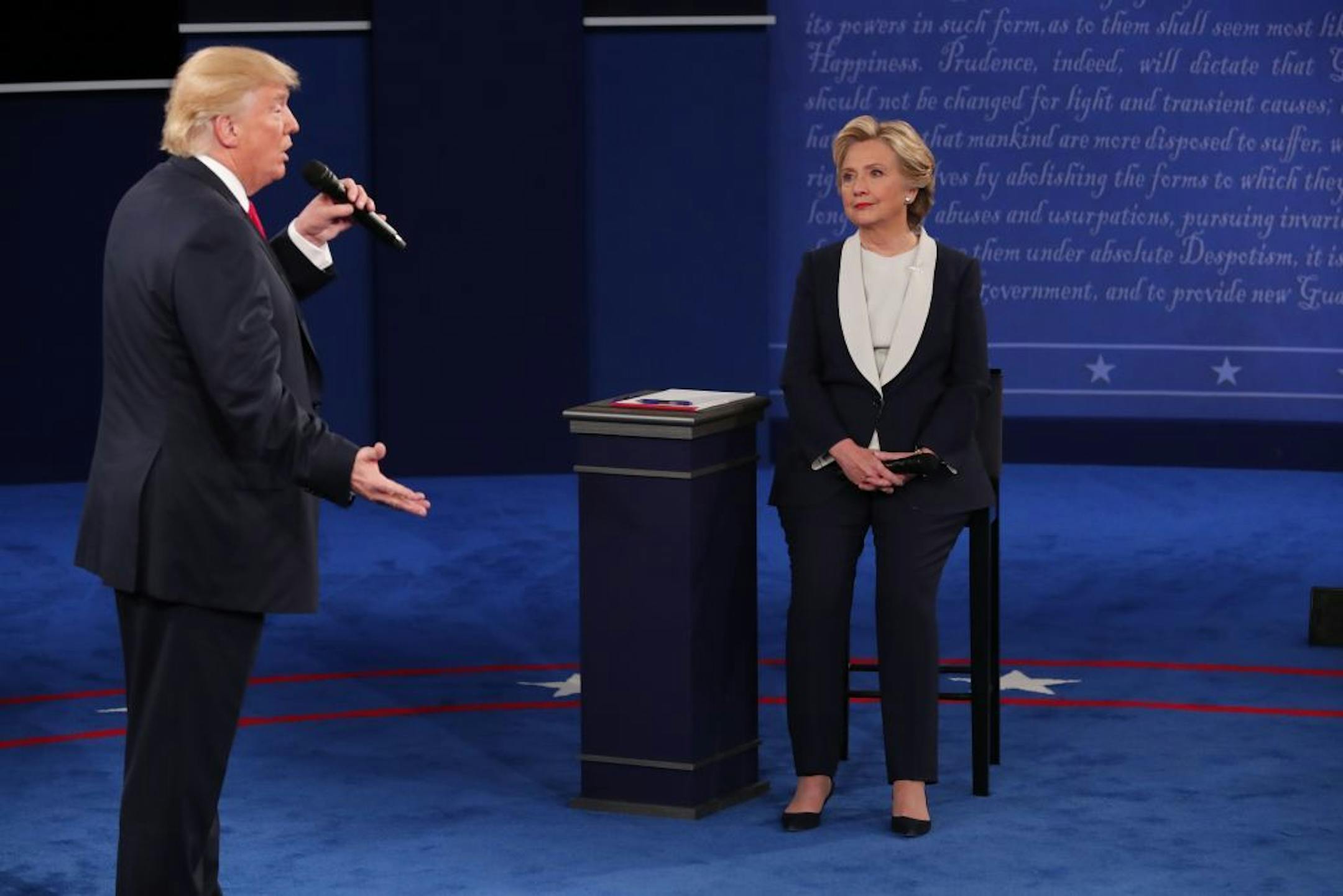 Donald Trump and Hillary Clinton during their second presidential debate at Washington University in St. Louis, Oct, 9, 2016.