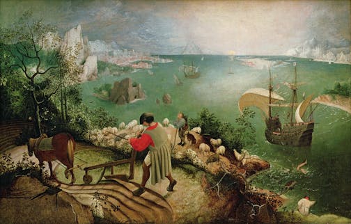 In Greek mythology, Icarus tries to fly on waxed, feathered wings too close to the sun and falls into the sea. In "Landscape with the Fall of Icarus," thought to be by Pieter Bruegel the Elder, Icarus is at lower right. The painting is referenced in W.H. Auden's poem named after a Brussels museum. In the poem, Auden reflects on how big things can happen as others remain unaware or indifferent.