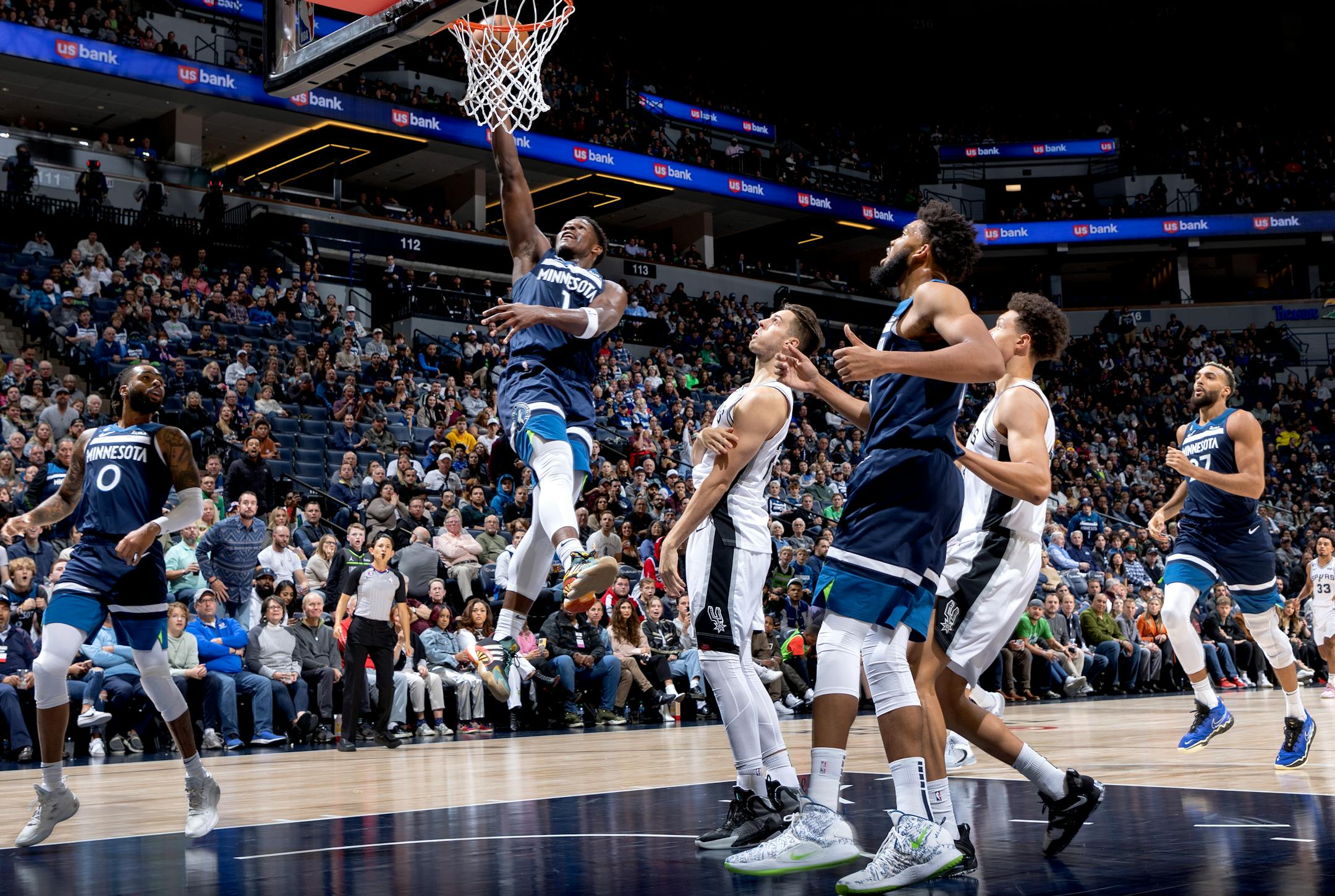 Anthony Edwards (1) of the Minnesota Timberwolves is fouled while attempting a shot in the second quarter Wednesday, October 26, 2022, at Target Center in Minneapolis, Minn.