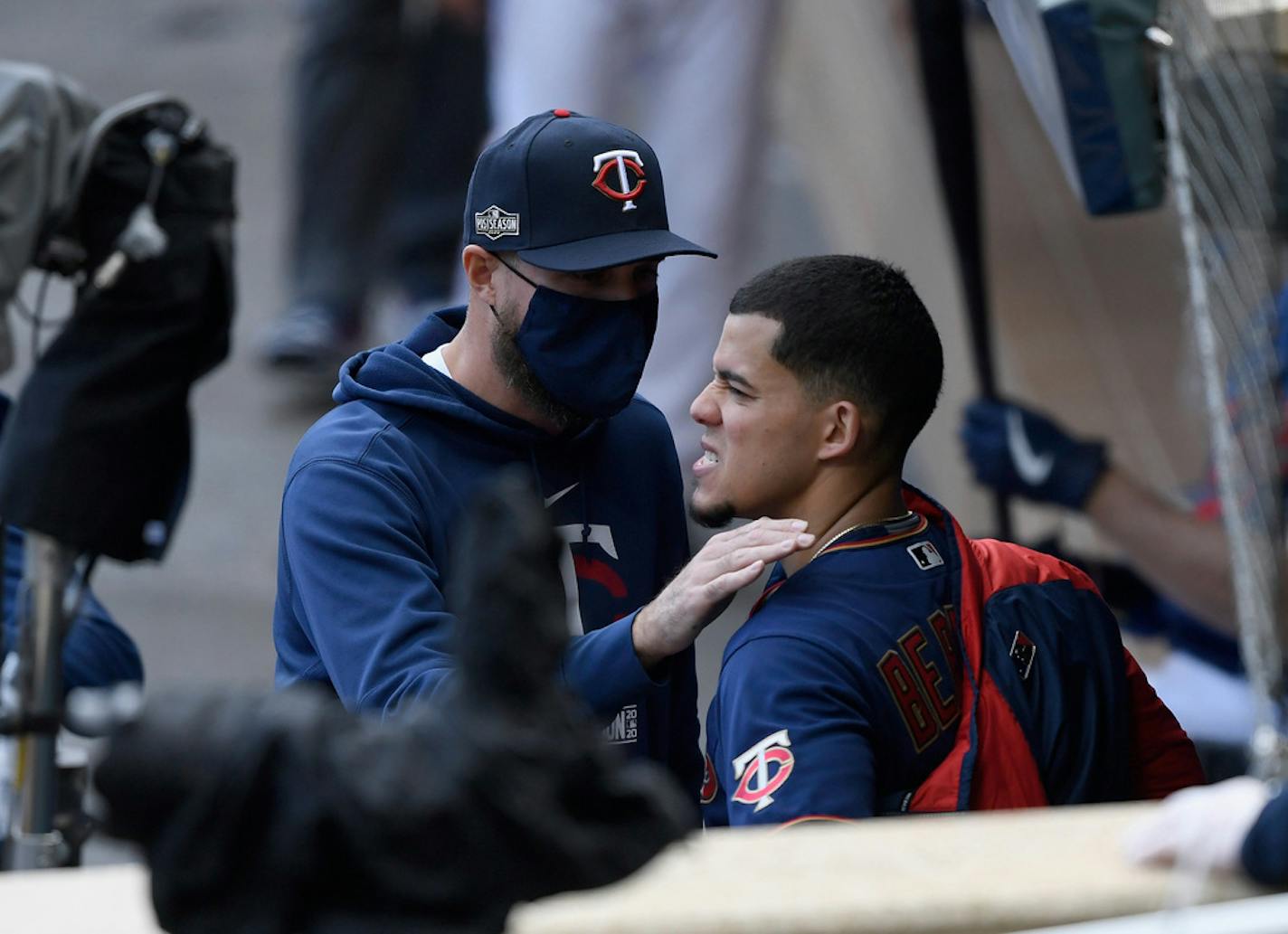 Minnesota Twins manager Rocco Baldelli speaks to starting pitcher Jose Berrios, right, in the dugout during the fifth inning of Game 2 in the American League Wild Card Round at Target Field in Minneapolis on Wednesday, Sept. 30, 2020. The Astros eliminated the Twins, 3-1. (Hannah Foslien/Getty Images/TNS) ORG XMIT: 1783789