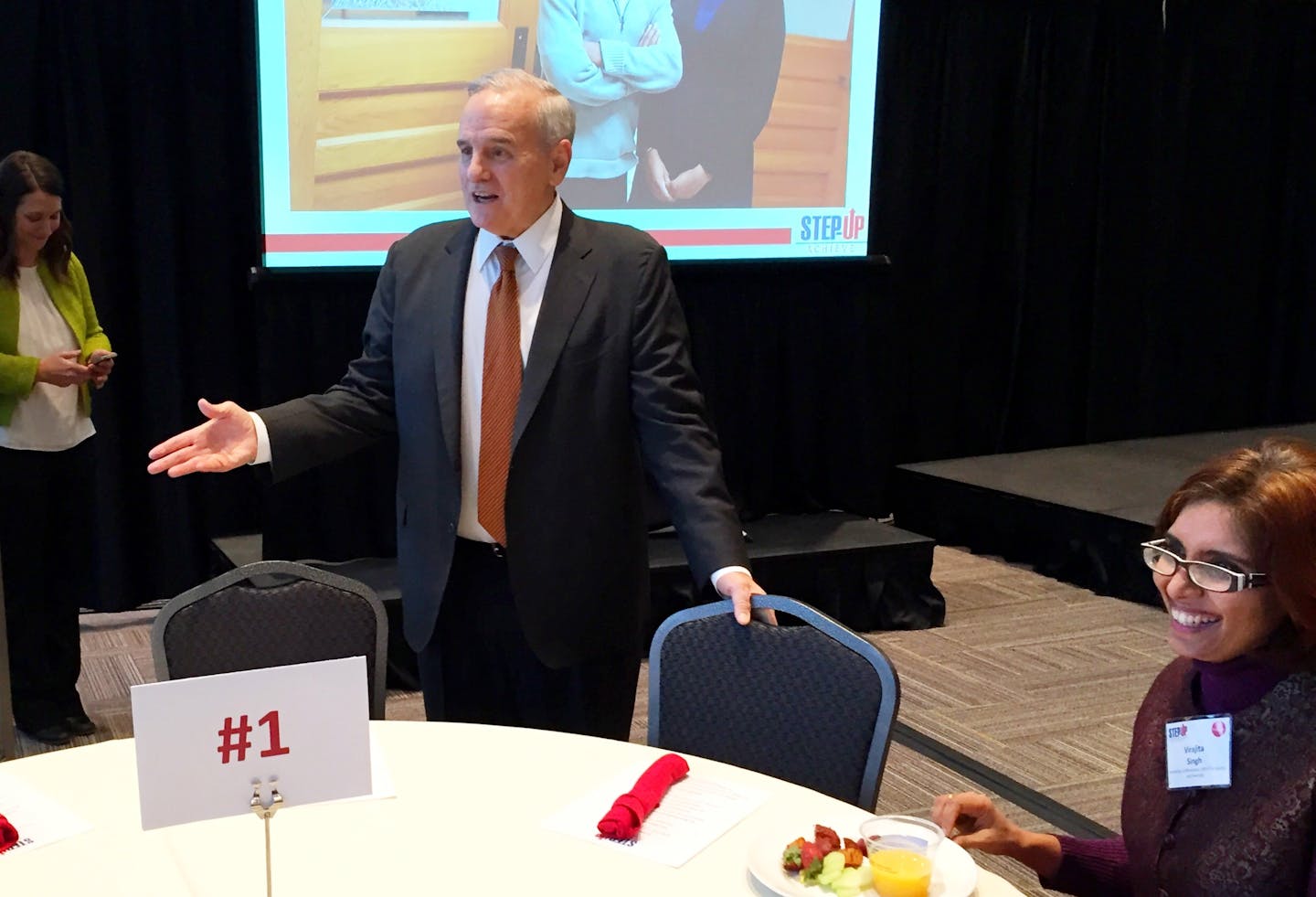 Gov. Mark Dayton attended the STEP-UP Achieve Annual Partners Breakfast at Target Field Tuesday morning, a day after he was released from hospital after fainting.