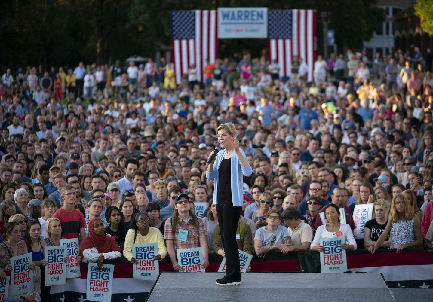 Sen. Elizabeth Warren during her her Town Hall at Macalester College Monday evening.