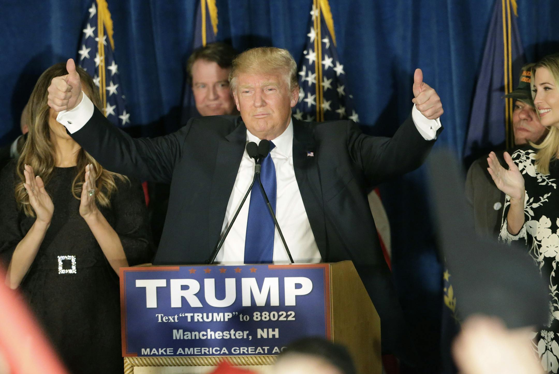 FILE -In this Feb. 9, 2016, file photo, then-Republican presidential candidate Donald Trump gives thumbs up to supporters during a primary night rally in Manchester, N.H. An effort to put the New Hampshire Republican Party in President Donald Trump’s corner ahead of the state’s leadoff presidential primary is facing both private and public pushback. (AP Photo/David Goldman, File)