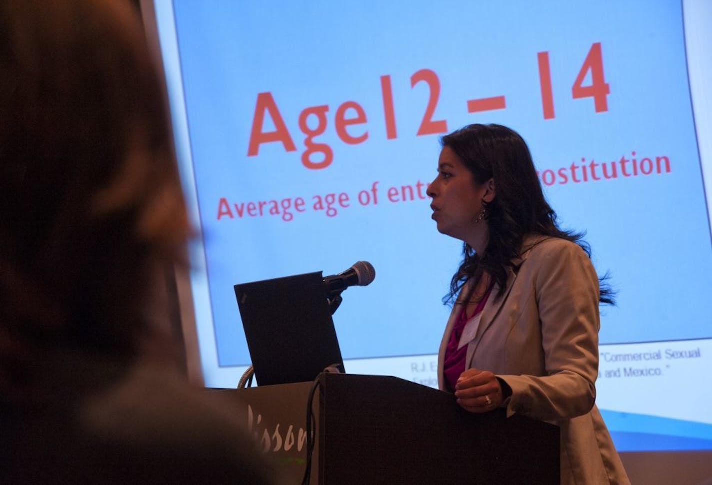 "We are beginning to be able to count what we were not able to count before, but what we knew was happening," said Beatriz Menanteau, supervisor of the state health department's violence prevention programs unit. Above, Menanteau spoke at a 2012 conference on sex trafficking in Minnesota.