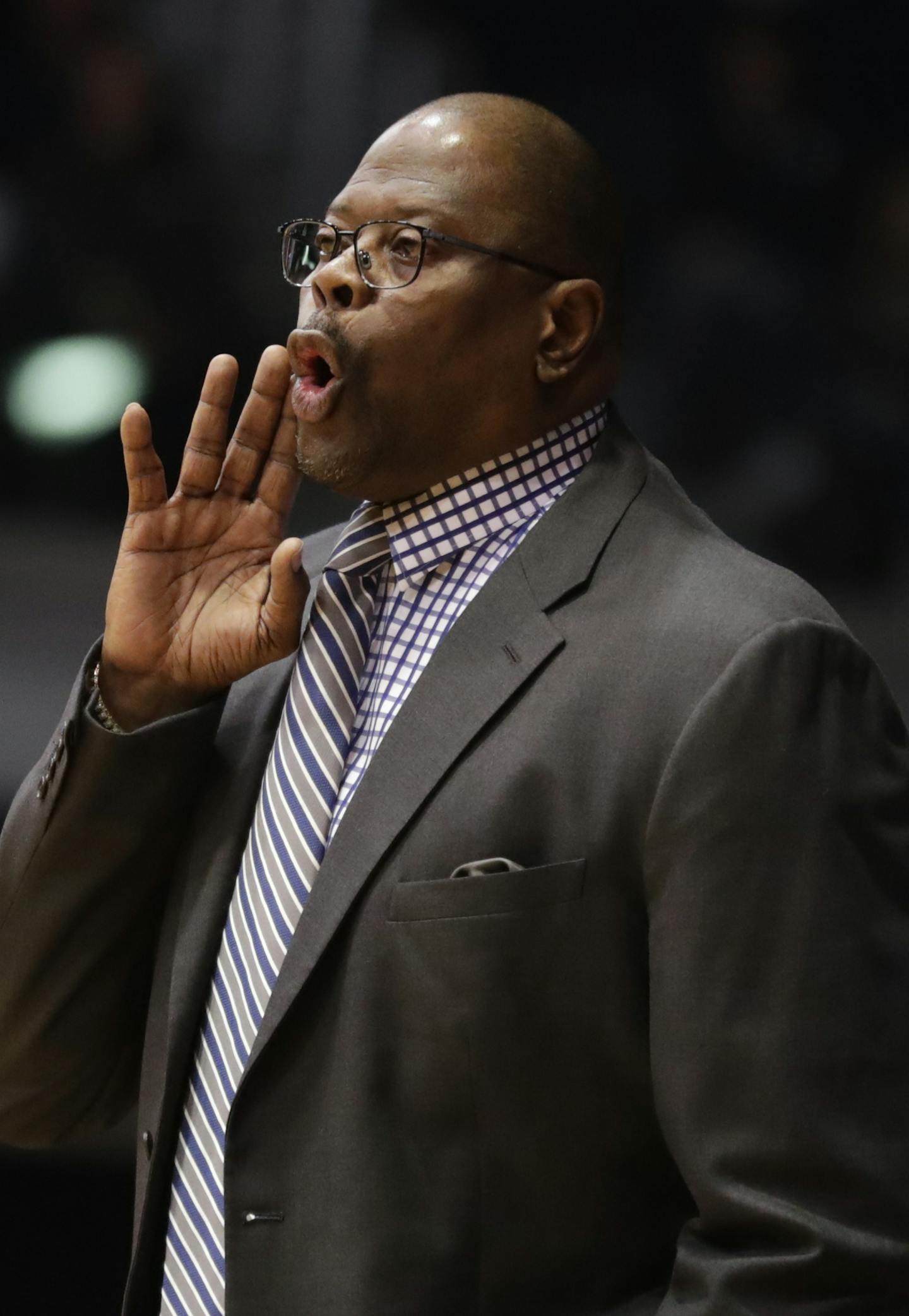 Georgetown head coach Patrick Ewing calls a play for his team against Butler in the first half of an NCAA college basketball game in Indianapolis, Tuesday, Feb. 13, 2018. (AP Photo/Michael Conroy)