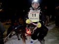 Musher Nathan Schroeder, of Warba, Minn., puts a ring of flowers around the neck of his lead dog, after they had reached the finish line at Billy's Ba