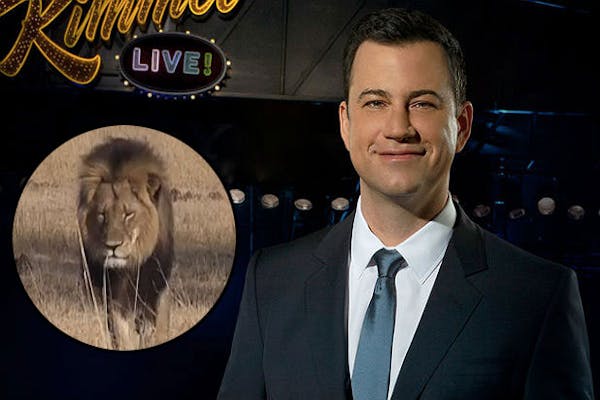 Late-night TV host Jimmy Kimmel made an impassioned speech about Cecil the lion, inset, asking viewers to donate to the research group that was studyi