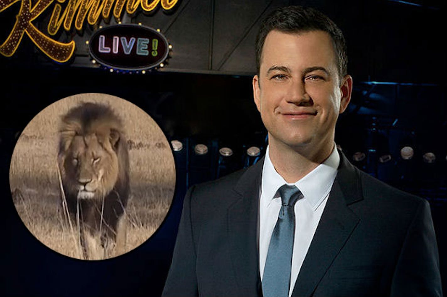 Late-night TV host Jimmy Kimmel made an impassioned speech about Cecil the lion, inset, asking viewers to donate to the research group that was studying the animal.