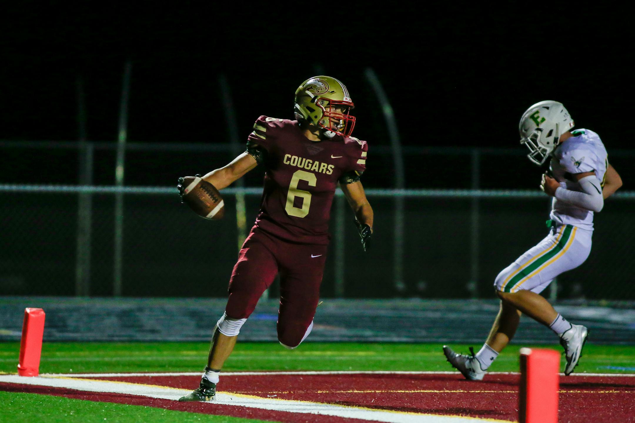Lakeville South's Tavian Laden (6) caught a 23-yard pass or the Cougars' only touchdown in their season-opening loss to Edina on Aug. 30. The offense became much more productive since the seventh game of the regular season against Shakopee. Photo by Mark Hvidsten, SportsEngine