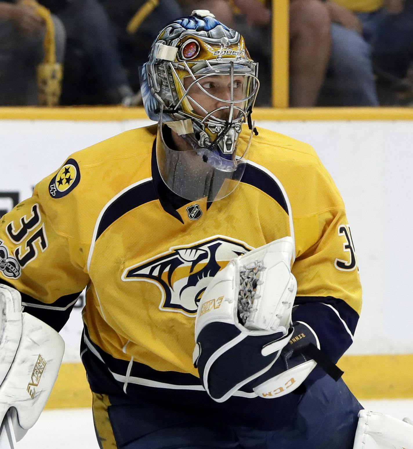 Nashville Predators goalie Pekka Rinne, of Finland, blocks a shot against the St. Louis Blues during the first period in Game 6 of a second-round NHL hockey playoff series Sunday, May 7, 2017, in Nashville, Tenn. (AP Photo/Mark Humphrey) ORG XMIT: TNMH1