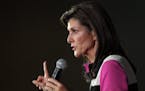Nikki Haley spoke from the stage at her rally in the Doubletree Hotel Monday, Feb. 26, 2024  Bloomington, Minn. Robbins is her Minnisota Campaign chai