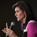 Nikki Haley spoke from the stage at her rally in the Doubletree Hotel Monday, Feb. 26, 2024  Bloomington, Minn. Robbins is her Minnisota Campaign chai
