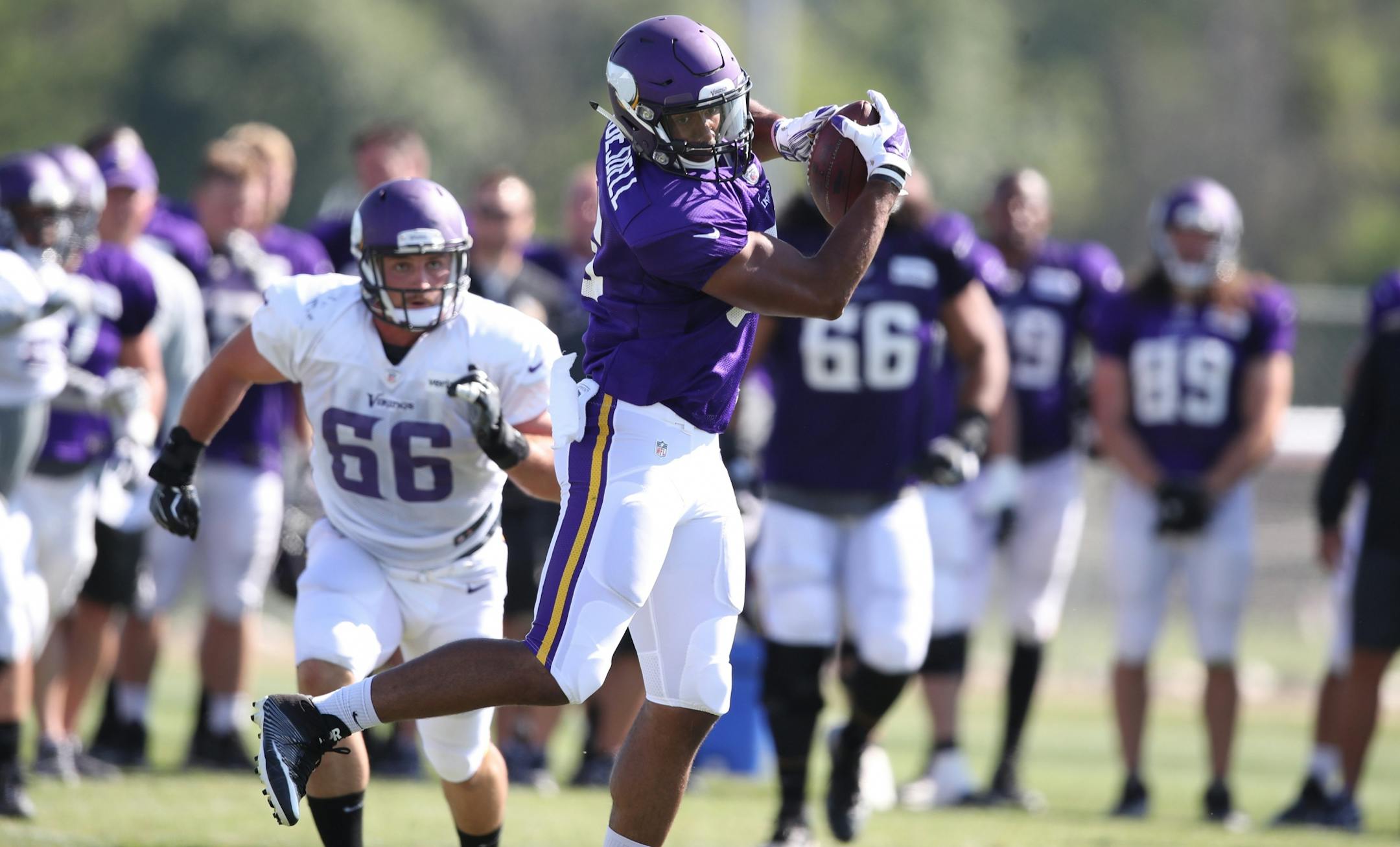 Minnesota Vikings tight end Nick Truesdell (85) caught a pass at Minnesota State University Mankato Saturday July 29, 2017 in Mankato , MN.