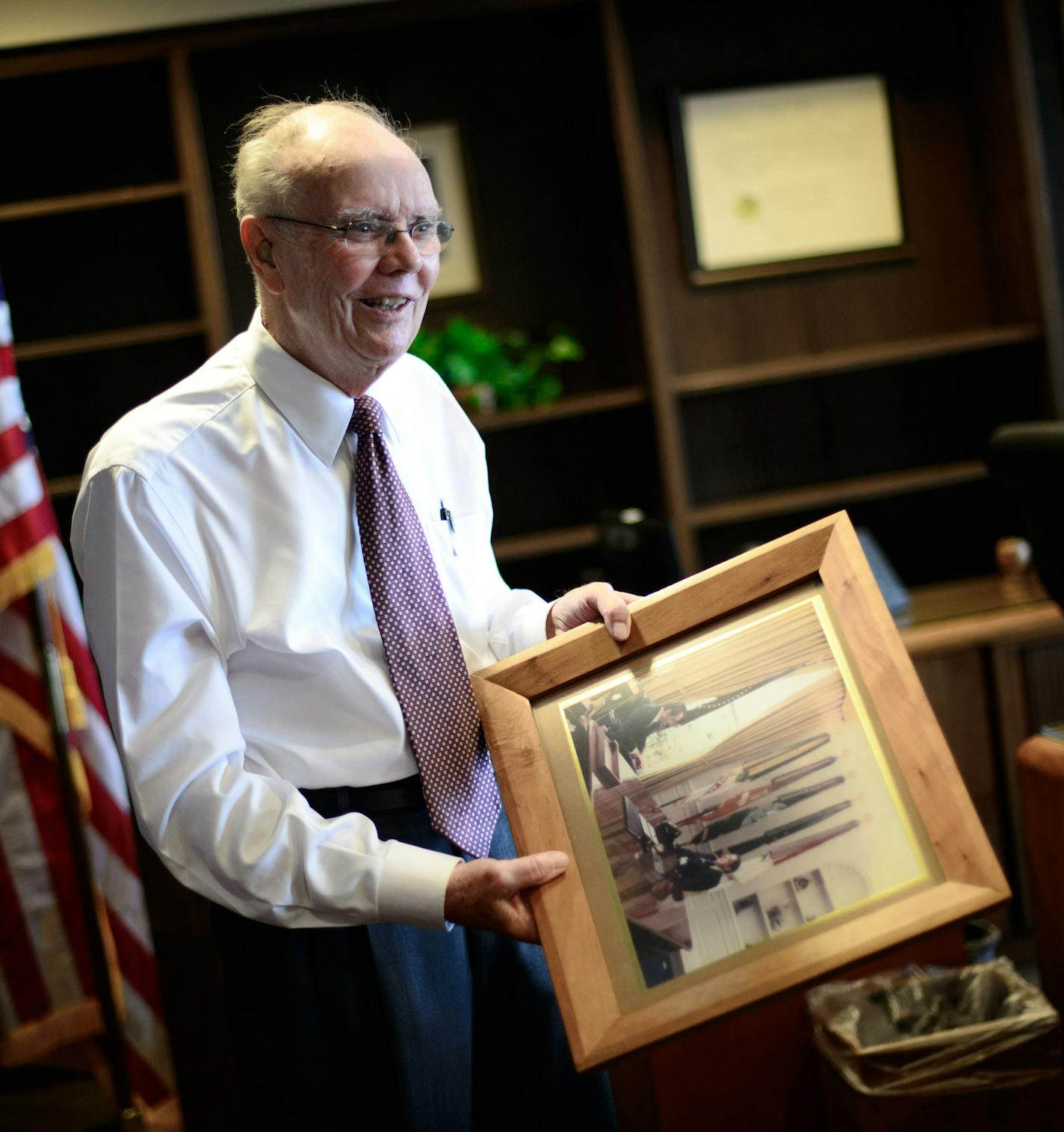 Senior U.S. District Judge Donald Alsop held a framed photo of Rep. Ancher Nelsen meeting with President Nixon to lobby for Alsop to be appointed as a federal judge. was nominated to the federal judge seat as one of Nixon's final moves as President of the United States the day before he resigned -- Aug. 8, 1974, 40 years ago this Friday. Alsop received his nomination and went home, only to see Nixon's resignation speech on television. ] Tuesday, August 5, 2014. GLEN STUBBE * gstubbe@startribune.