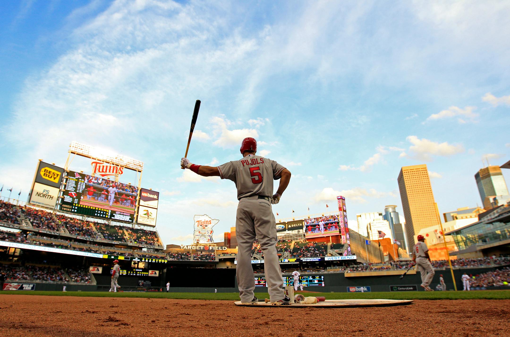 Angels first baseman Albert Pujols (5) warmed up in the on deck circle in the third inning. ] CARLOS GONZALEZ cgonzalez@startribune.com, May 7, 2012, Minneapolis, Minn, Target Field, MLB, Minnesota Twins vs. Los Angeles Angels,