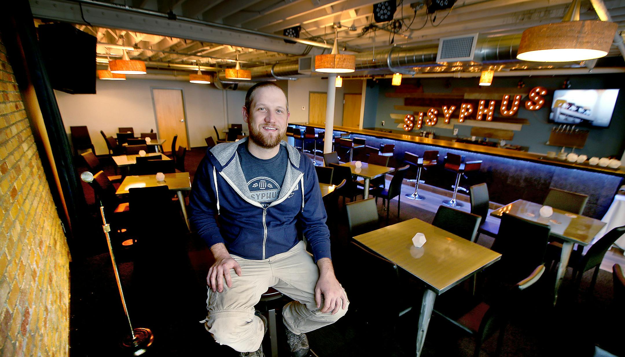 Sisyphus Brewing owner Sam Harriman showed off his new taproom, which will be used as a space for stand-up comedy.